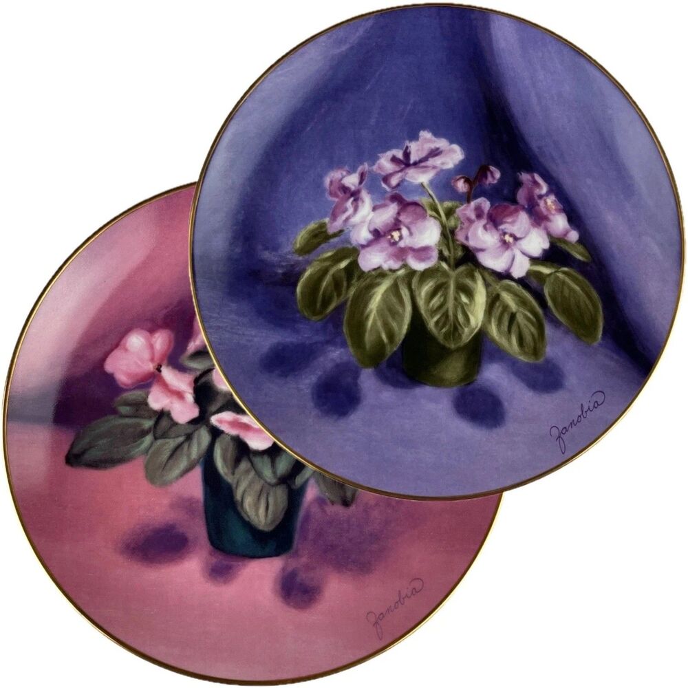 Lot of 2 "African Violet Miniatures” 8.5” Collector Plates by Zanobia 1985 VTG